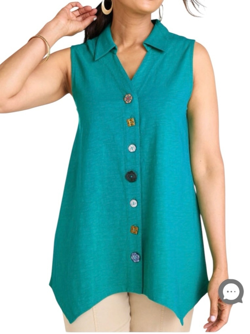 Soft Surroundings Danielle Button Teal Sleeveless Tunic 100% cotton EUC size M